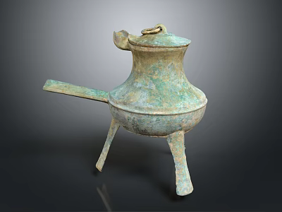 Ancient Bronze Tripod Vessel With Long Spout Lid And Rustic Patina 3d model