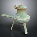 Ancient Bronze Tripod Vessel With Long Spout Lid And Rustic Patina