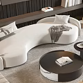 Modern Curved White Sofa Coffee Table Combination With Round Table And Chairs On Area Rug