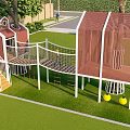 Fun Kids Tree House With Red Roofs White Structure And Climbing Net On Grass Lawn