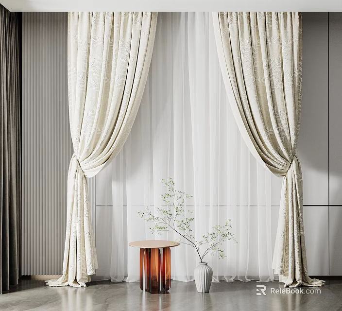 Ivory Patterned Curtains With Sheer White In Modern Interior With Table And Green Plant Accent 3d model 