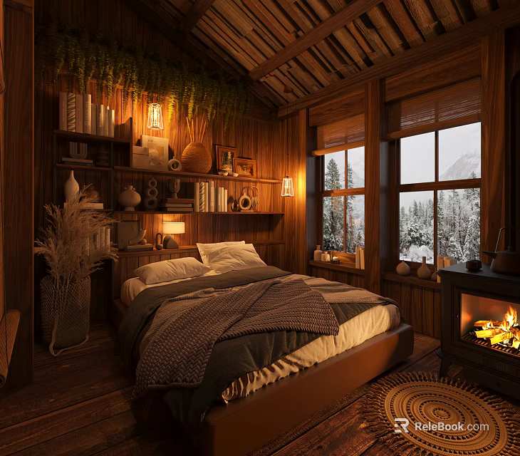 Cozy Natural Hotel Room With Wooden Structure Bed Bookshelf Fireplace Snowy Window View 3d model 