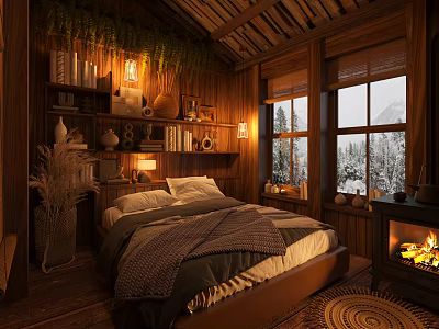 Cozy Natural Hotel Room With Wooden Structure Bed Bookshelf Fireplace Snowy Window View 3d model