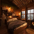 Cozy Natural Hotel Room With Wooden Structure Bed Bookshelf Fireplace Snowy Window View