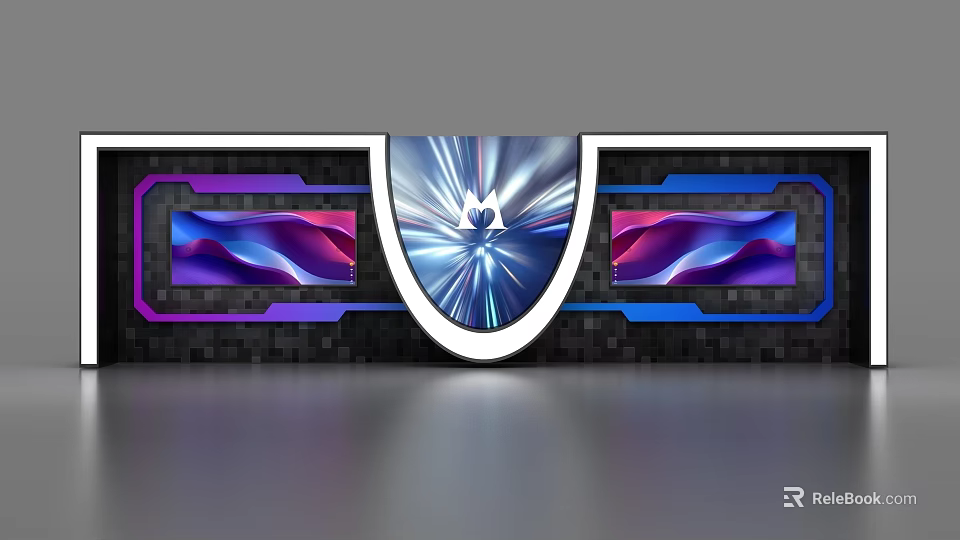 Modern Display Shelves With Shield Shaped Center And Illuminated Screens Featuring Colorful Patterns 3d model 