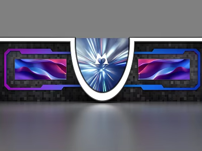 Modern Display Shelves With Shield Shaped Center And Illuminated Screens Featuring Colorful Patterns 3d model
