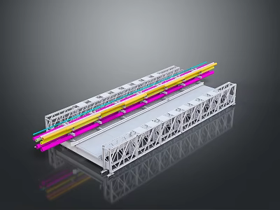 Hardware Tools Metal Truss with Yellow Pink Blue Bars and White Frames on Reflective Surface 3d model