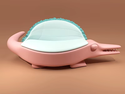 Unique Crocodile Shaped Sofa With Pink Body Light Blue Seat And Blue Fluffy Backrest 3d model