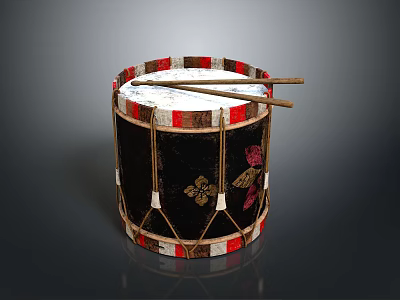 Traditional Decorative Drum With Black Body Red White Trim Floral Patterns And Wooden Drumsticks 3d model