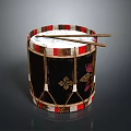 Traditional Decorative Drum With Black Body Red White Trim Floral Patterns And Wooden Drumsticks