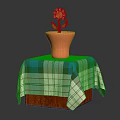 Small White Flower Plant in Orange Pot on Wooden Table with Blue Green Checkered Tablecloth