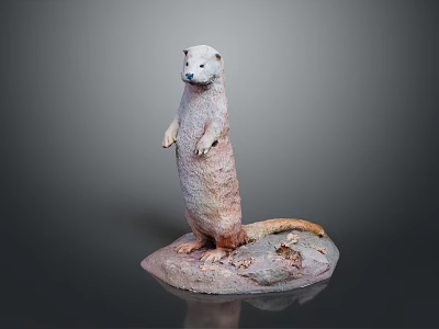 Realistic Weasel Statue Standing on Natural Stone Base with Detailed Fur Texture 3d model