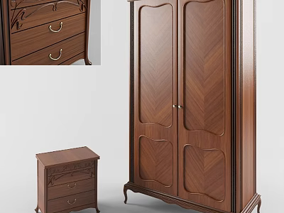 Elegant Wooden Wardrobe with Carved Design Side Cabinet and Drawer Chest Furniture Set 3d model