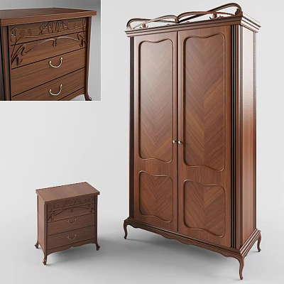 Elegant Wooden Wardrobe with Carved Design Side Cabinet and Drawer Chest Furniture Set 3d model