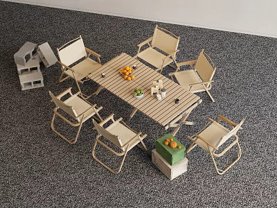 Outdoor Foldable Garden Chairs With Wooden Table Fresh Fruits And Drinks 3d model