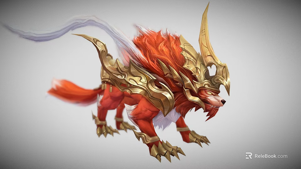 Game and Movie Mythical Creature Character With Red Fur Golden Horned Armor And Long Tail 3d model 