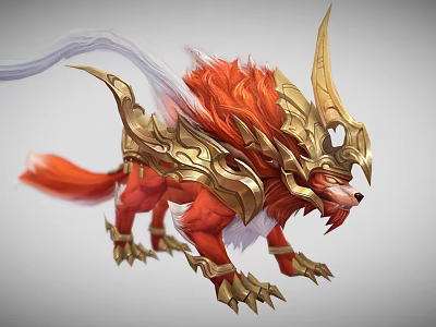 Game and Movie Mythical Creature Character With Red Fur Golden Horned Armor And Long Tail 3d model