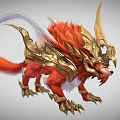 Game and Movie Mythical Creature Character With Red Fur Golden Horned Armor And Long Tail