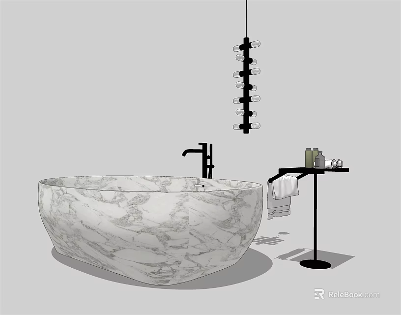 Marble Bathtub With Black Faucet Stand Towels Toiletries And Hanging Chandelier 3d model 