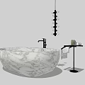 Marble Bathtub With Black Faucet Stand Towels Toiletries And Hanging Chandelier