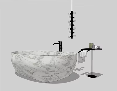 Marble Bathtub With Black Faucet Stand Towels Toiletries And Hanging Chandelier 3d model