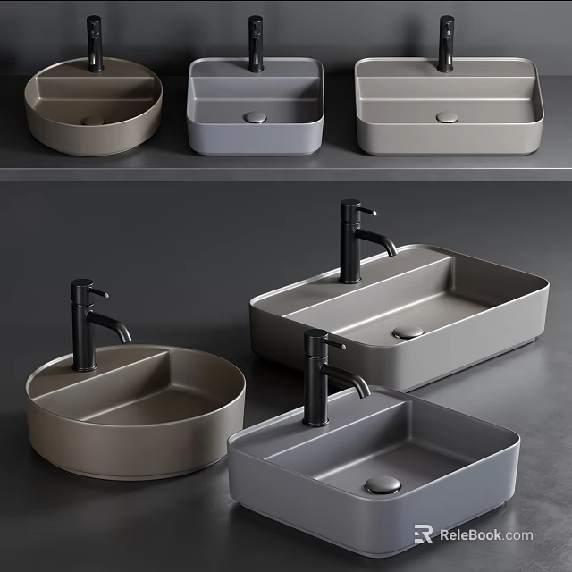 Modern Bathroom Washbasins in Various Shapes with Gray Finish and Black Faucets 3d model 