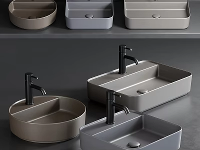 Modern Bathroom Washbasins in Various Shapes with Gray Finish and Black Faucets 3d model
