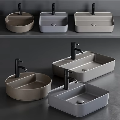Modern Bathroom Washbasins in Various Shapes with Gray Finish and Black Faucets 3d model