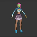 Pink Haired Character 3D Model Wearing Blue White Top Gray Pleated Skirt and Blue Shoes