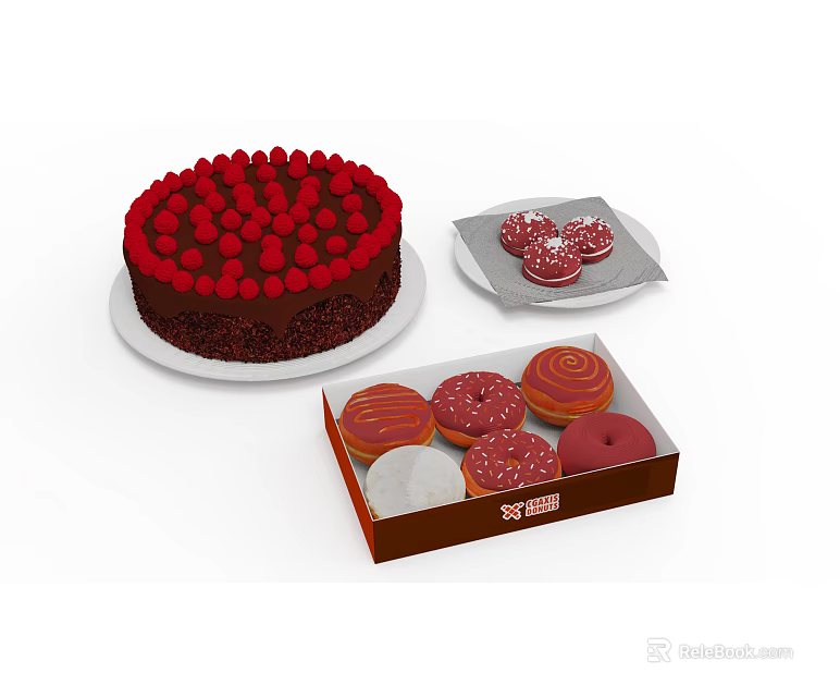 Strawberry Chocolate Cake with Donuts and Frosted Cookies on White Plates and Box 3d model 