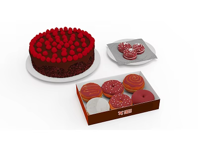 Strawberry Chocolate Cake with Donuts and Frosted Cookies on White Plates and Box 3d model