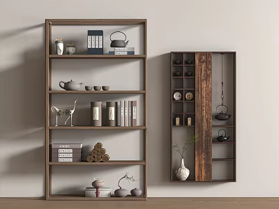 Wooden Antique Display Shelf Displaying Tea Sets Books And Decorative Items In Living Room Interior 3d model