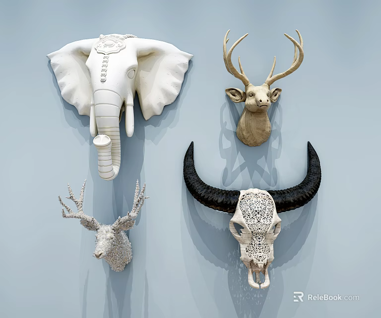 Animal Wall Decor Featuring Elephant Deer Cow Head Sculptures for Modern Home Decoration 3d model 