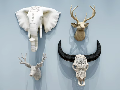 Animal Wall Decor Featuring Elephant Deer Cow Head Sculptures for Modern Home Decoration 3d model