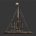 Traditional Wooden Boat with Yellow Sails and Intricate Wooden Deck Mast Structure