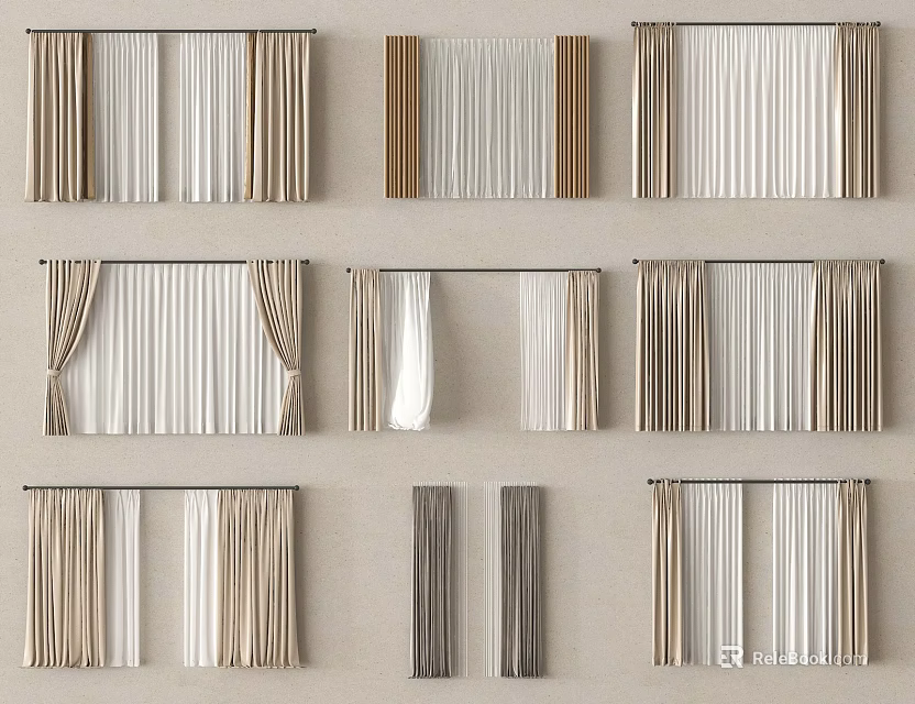 Various Layered Curtain Styles in Neutral Colors with Sheer and Fabric Layers for Home Decor 3d model 