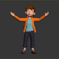 Cartoon Boy In Orange Jacket Blue T Shirt Standing With Arms Outstretched Grey Background Reflection