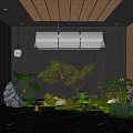 Modern Feature Wall Interior Design With Green Plants Stone Hanging Lighting And Wooden Elements