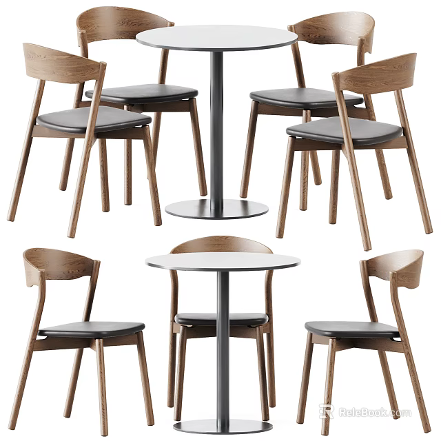 Modern Table and Chair Set With Wooden Backrest Chairs Round Table and Metal Legs 3d model 