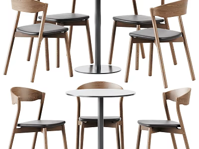 Modern Table and Chair Set With Wooden Backrest Chairs Round Table and Metal Legs 3d model