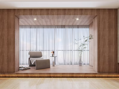 Lounge Chair In Modern Interior With Wooden Walls Large Window White Curtains And Plant 3d model