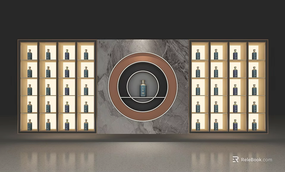 Elegant Wine Cabinet With Circular Display And Multiple Bottle Compartments On Marble Backdrop 3d model