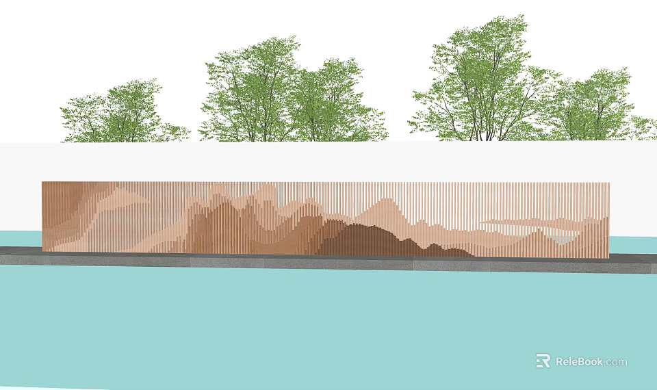 Landscape Feature Wall With Mountain Pattern Surrounded By Green Trees And Blue Water 3d model