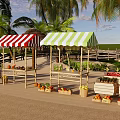 Waterfront Landscape With Palm Trees Striped Awnings Sandy Beach Sun Loungers And Water Reflections