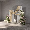 Elegant Floral Installation With Pink White Flowers Gold Drapery White Columns And Pearl Accents