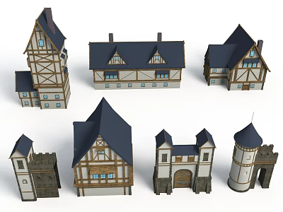 Traditional European Architecture Models With Gabled Roofs Timber Frames And Stone Towers 3d model