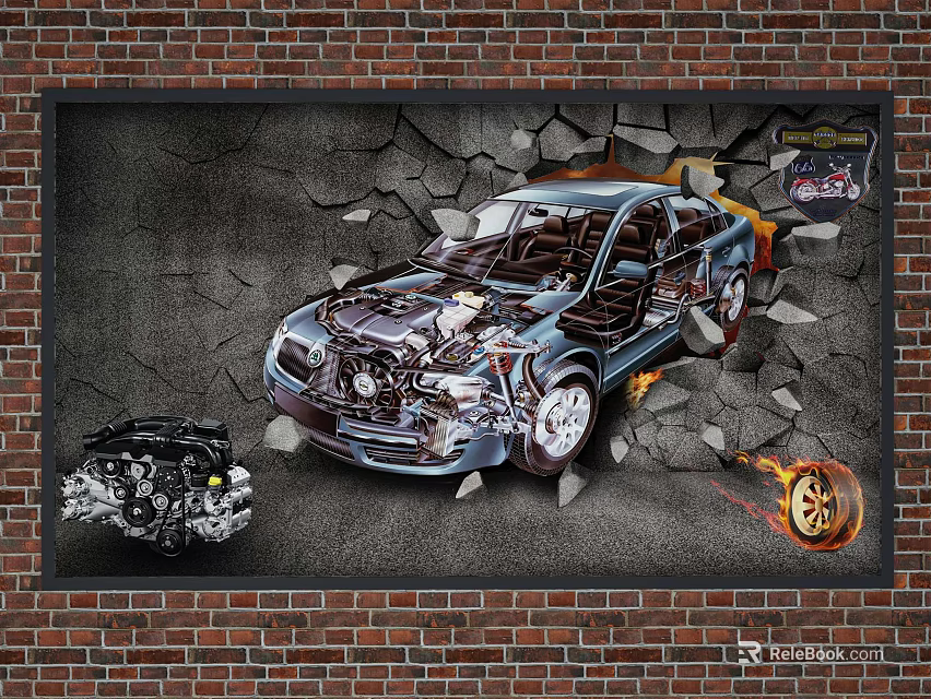 Detailed Car Internal Structure Diagram With Engine And Tire On Cracked Brick Wall 3d model