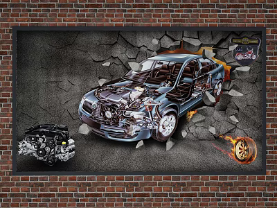 Detailed Car Internal Structure Diagram With Engine And Tire On Cracked Brick Wall 3d model