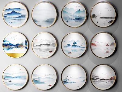 New Chinese Style Round Frame Painting Hanging Painting 3d model