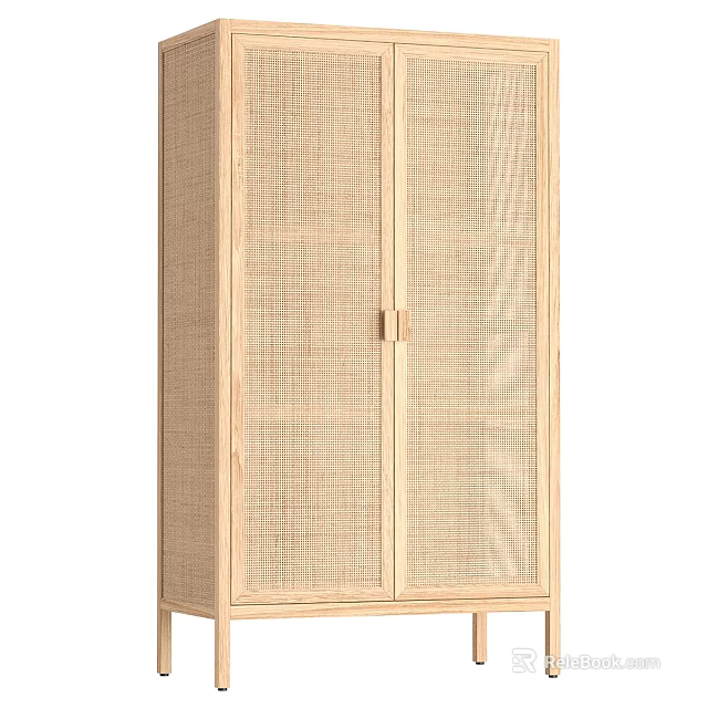 Natural Light Wood Decorative Cabinet With Rattan Doors And Double Door Design For Home Decor 3d model 